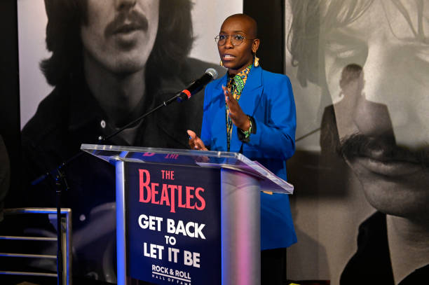 Nwaka Onwusa speaking at the opening of The Beatles: Get Back to Let It Be